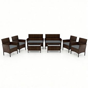 Costway 8 pc Patio Furniture Set with Washable Cushions and Tempered Glass Coffee Table