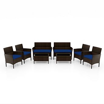 Costway 8 pc Patio Furniture Set with Washable Cushions and Tempered Glass Coffee Table