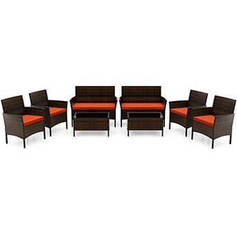 Costway 8 pc Patio Furniture Set with Washable Cushions and Tempered Glass Coffee Table