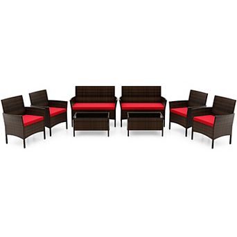 Costway 8 pc Patio Furniture Set with Washable Cushions and Tempered Glass Coffee Table