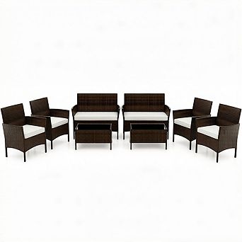Costway 8 pc Patio Furniture Set with Washable Cushions and Tempered Glass Coffee Table