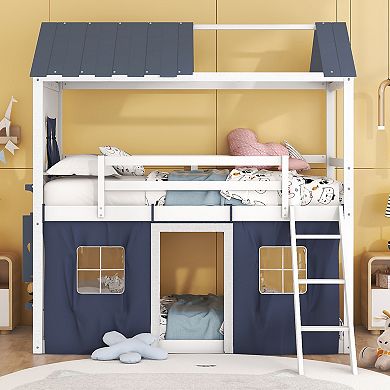 Merax Bunk Wood House Bed with Elegant Windows, Sills and Tent