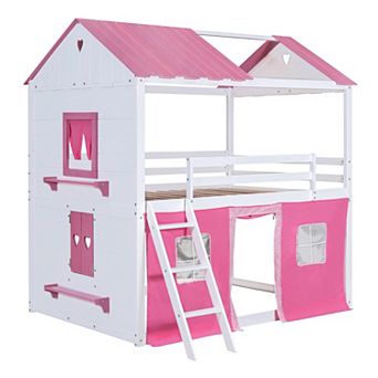 Merax Bunk Wood House Bed with Elegant Windows, Sills and Tent