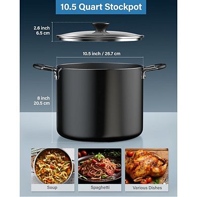 Great Ambitions 10.5-Qt Nonstick Stockpot with Glass Lid, Deep Cookware, Black