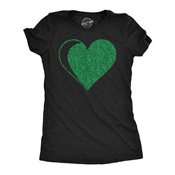 Womens Green Glitter Heart Funny St Patricks Day T Shirt for Ladies