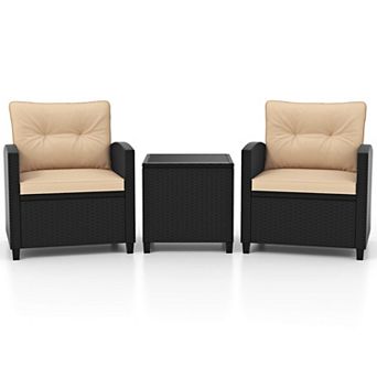Costway 3 pc Patio Furniture Set with Tempered Glass Coffee Table Washable Cushions
