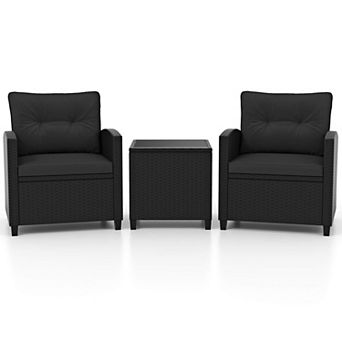 Costway 3 pc Patio Furniture Set with Tempered Glass Coffee Table Washable Cushions