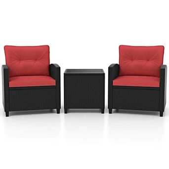 Costway 3 pc Patio Furniture Set with Tempered Glass Coffee Table Washable Cushions