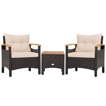Costway 3 pc Patio Rattan Furniture Set Wooden Armrest Table Top Cushioned Deck