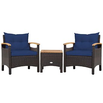 Costway 3 pc Patio Rattan Furniture Set Wooden Armrest Table Top Cushioned Deck