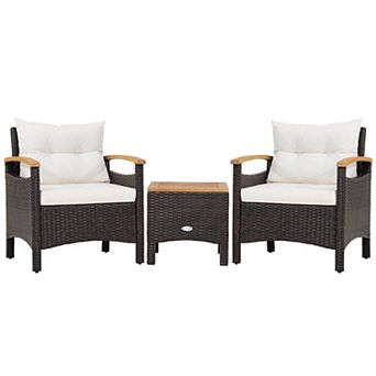 Costway 3 pc Patio Rattan Furniture Set Wooden Armrest Table Top Cushioned Deck