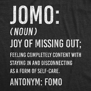 Womens JOMO Joy Of Missing Out T Shirt Funny Sarcastic Introvert Graphic Novelty Tee