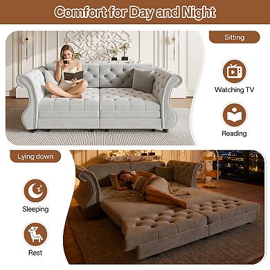 Merax Convertible Velvet Sofa Bed, Chesterfield Flower Tufted Pull Out Sofa Bed with Rolled Arms