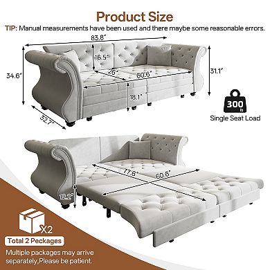 Merax Convertible Velvet Sofa Bed, Chesterfield Flower Tufted Pull Out Sofa Bed with Rolled Arms