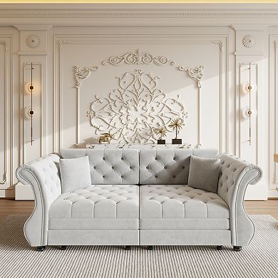 Merax Convertible Velvet Sofa Bed, Chesterfield Flower Tufted Pull Out Sofa Bed with Rolled Arms