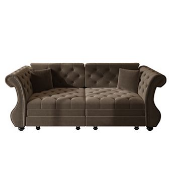 Merax Convertible Velvet Sofa Bed, Chesterfield Flower Tufted Pull Out Sofa Bed with Rolled Arms