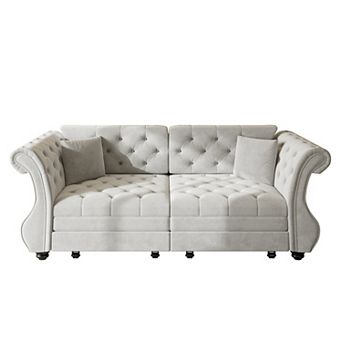 Merax Convertible Velvet Sofa Bed, Chesterfield Flower Tufted Pull Out Sofa Bed with Rolled Arms