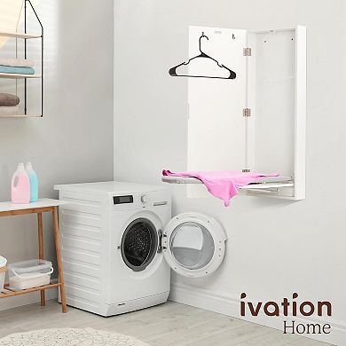 Ivation Wall-Mounted Swivel Ironing Board Cabinet, Foldable Storage Station Hooks & Rack Set - White