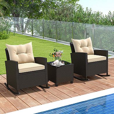 Costway 3 PCS Patio Wicker Rocking Set with Tempered Glass Table & Soft Cushions Outdoor