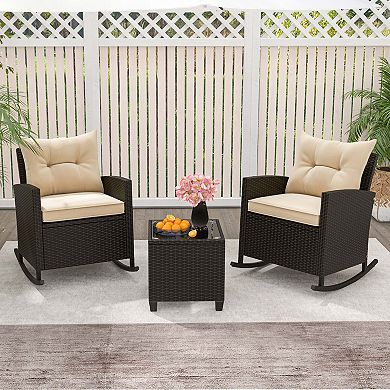 Costway 3 PCS Patio Wicker Rocking Set with Tempered Glass Table & Soft Cushions Outdoor