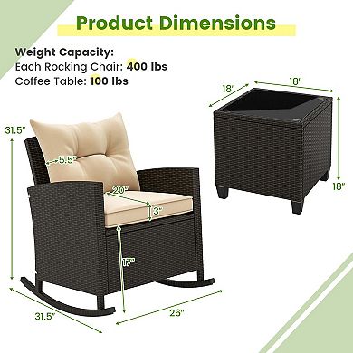 Costway 3 PCS Patio Wicker Rocking Set with Tempered Glass Table & Soft Cushions Outdoor