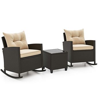 Costway 3 pc Patio Wicker Rocking Set with Tempered Glass Table & Soft Cushions Outdoor