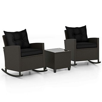Costway 3 pc Patio Wicker Rocking Set with Tempered Glass Table & Soft Cushions Outdoor