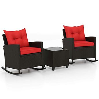Costway 3 pc Patio Wicker Rocking Set with Tempered Glass Table & Soft Cushions Outdoor