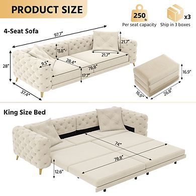 Merax Convertible Velvet Sleeper Sofa Bed, 4-Seater Sofa with Ottoman & Invisible Legs