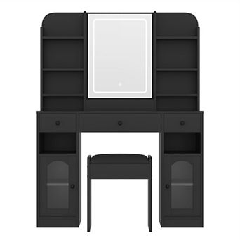 Merax 43.2" Vanity Desk with LED Mirror and Lights, Glass Top Vanity with RGB Glass Light Cabinets