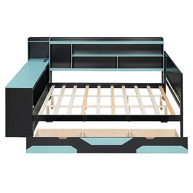 Merax Daybed with Integrated Desk and Lights, Modern Wooden Bed Frame