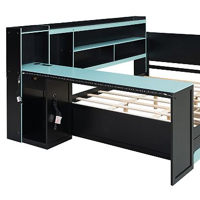 Merax Daybed with Integrated Desk and Lights, Modern Wooden Bed Frame