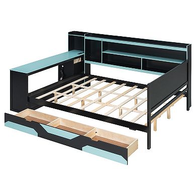 Merax Daybed with Integrated Desk and Lights, Modern Wooden Bed Frame