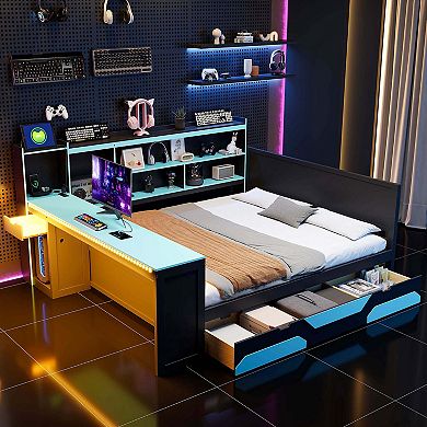 Merax Daybed with Integrated Desk and Lights, Modern Wooden Bed Frame