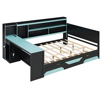 Merax Daybed with Integrated Desk and Lights, Modern Wooden Bed Frame