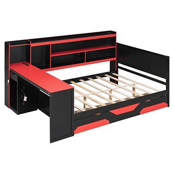 Merax Daybed with Integrated Desk and Lights, Modern Wooden Bed Frame