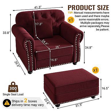 Merax Chesterfield Velvet Single Seater Sofa with Ottoman, Mid-Century Modern Button Tufted Armchair