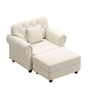 Merax Chesterfield Velvet Single Seater Sofa with Ottoman, Mid-Century Modern Button Tufted Armchair