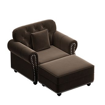 Merax Chesterfield Velvet Single Seater Sofa with Ottoman, Mid-Century Modern Button Tufted Armchair