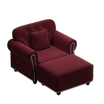Merax Chesterfield Velvet Single Seater Sofa with Ottoman, Mid-Century Modern Button Tufted Armchair