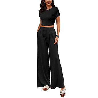 Ekouaer Women's 2 pc Lounge Sets Short Sleeve Pajama Set Ribbed Knit Crop Top Wide Leg Pants