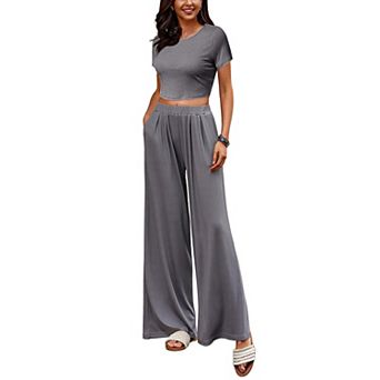 Ekouaer Women's 2 pc Lounge Sets Short Sleeve Pajama Set Ribbed Knit Crop Top Wide Leg Pants
