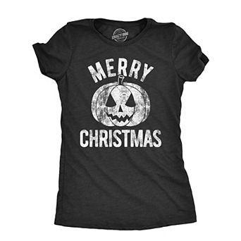 Womens Merry Christmas T Shirt Funny Halloween Pumpkin Jack O Lantern Joke Tee for Ladies