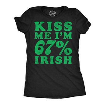 Womens Funny T Shirts Kiss Me Im 67 Percent Irish Sarcastic St Patricks Day Viral Tee For Ladies