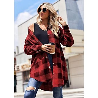 Zeagoo Women's Long Sleeve Plaid Flannel Button Down Shirts Shacket Blouse Tops with Pockets