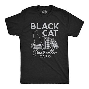 Mens Black Cat Bookseller Cafe T Shirt Funny Halloween Book Lovers Novelty Tee for Guys