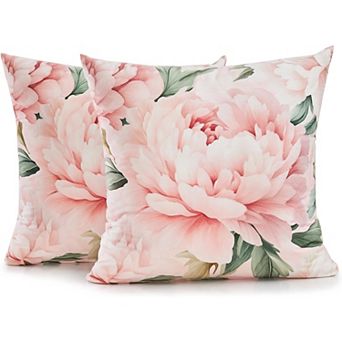 Pink Floral Throw Pillow Covers 18x18 Set of 2, Decorative Peony Flower Cushion Cases