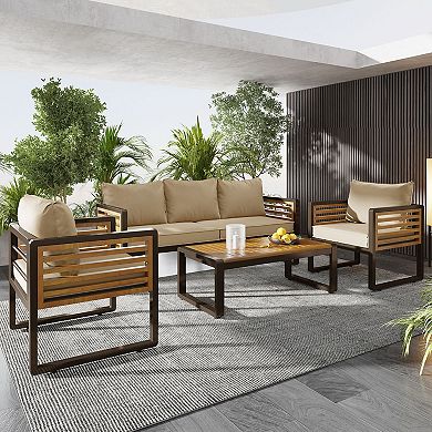 Merax 4-Piece Outdoor Patio Conversation Set for 5 Person, Brown Metal & Wood Frame Sofa