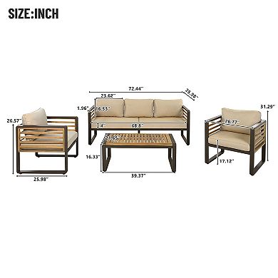 Merax 4-Piece Outdoor Patio Conversation Set for 5 Person, Brown Metal & Wood Frame Sofa