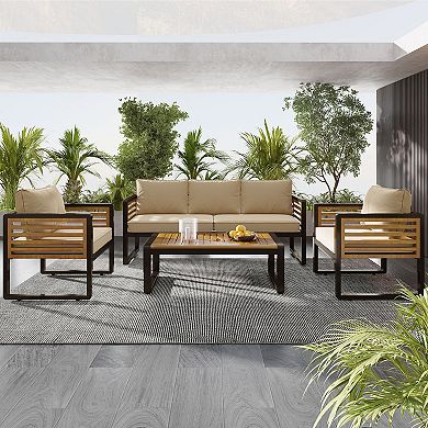 Merax 4-Piece Outdoor Patio Conversation Set for 5 Person, Brown Metal & Wood Frame Sofa